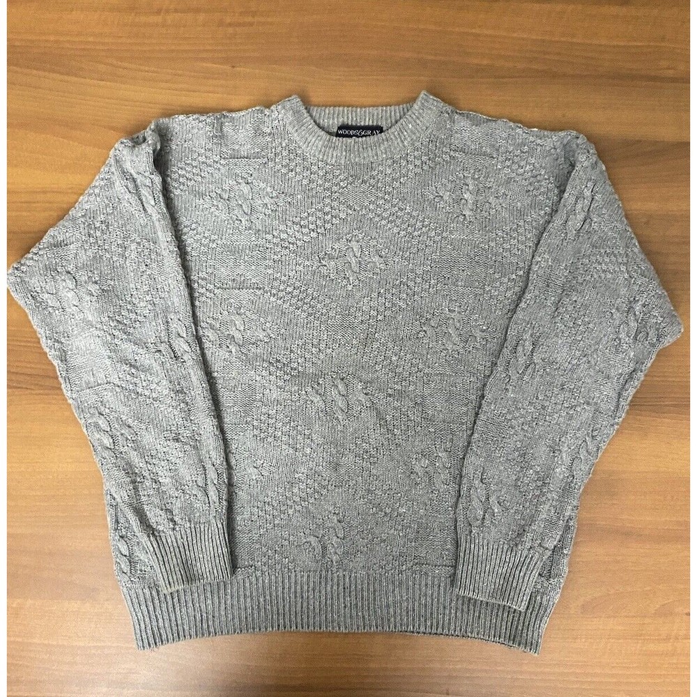 Vintage Woods And Gray Sweater Mens L Chunky Cable Knit Ramie Cotton Blend Gray